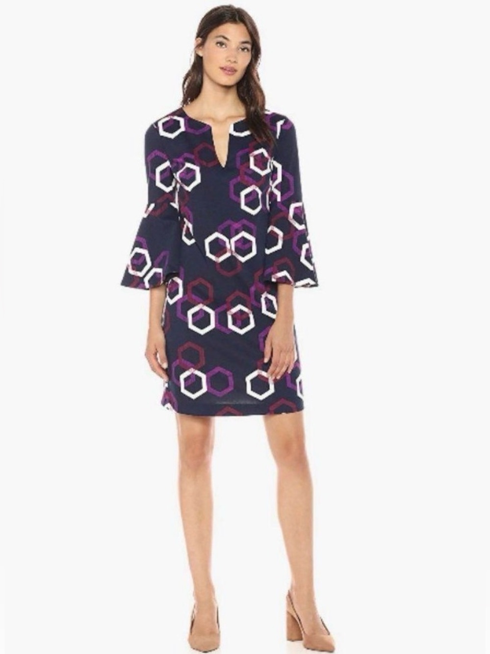 NWT Trina Turk Multicolor Geometric Bell Sleeve Shift Dress Blue Pink White S